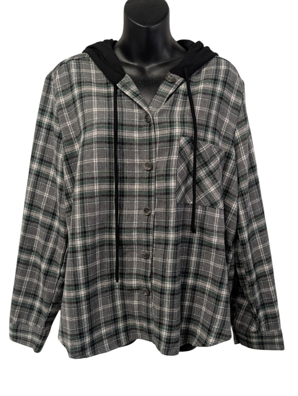 Lily Star Women's Size L Gray Green Plaid Hooded Flannel Button Up Shirt
